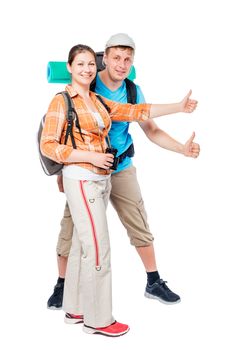 active tourists happy hitchhikers on a white background with backpacks