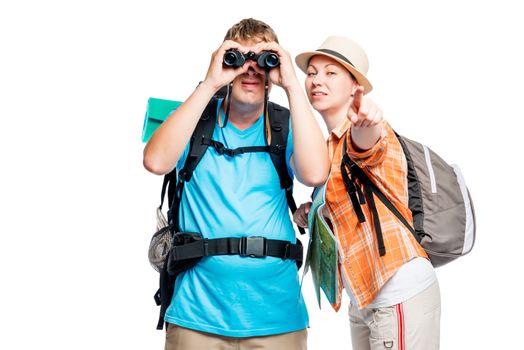 Girl shows a man with binoculars something in the distance on a white background