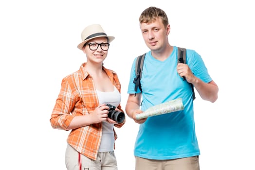 Photographer and tourist with a backpack on a white background