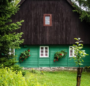 Detail of traditional mountain chalet, cottage or hut made of wood surrounded by spruce trees, painted green and brown with lawn in front of, relaxing vacation, local accommodation in Czech republic, central Europe, Orlicke hory