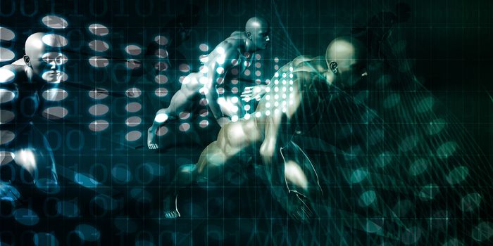 Men Running on Technology Themed Background as Concept