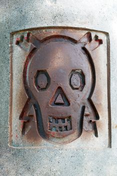 High Voltage Sign - Metal Skull with Lightning on Concrete Wall