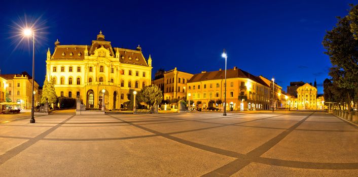 Ljubljana square and landmarks evening panoramic view, capital of Slovenia