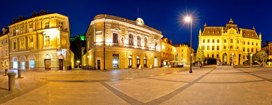 Ljubljana square and landmarks evening panoramic view, capital of Slovenia