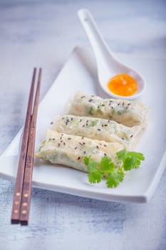 Spring Rolls with Sauce on a plate. Asian food