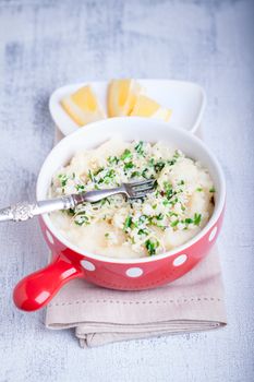 Fish pie with celery root on a napkin