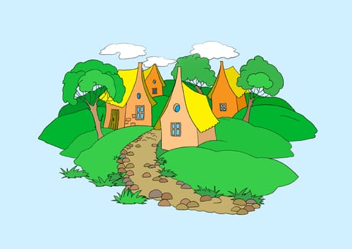 Small Village Illustration. Digital Painting Background, Illustration in primitive cartoon style character. Isolated