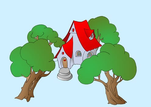 Trees Near a Small Fairy Tale House. Digital Painting Background, Illustration in primitive cartoon style character. Isolated