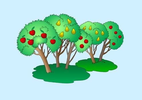 Fruit Trees Illustration. Digital Painting Background, Illustration in primitive cartoon style character. Isolated