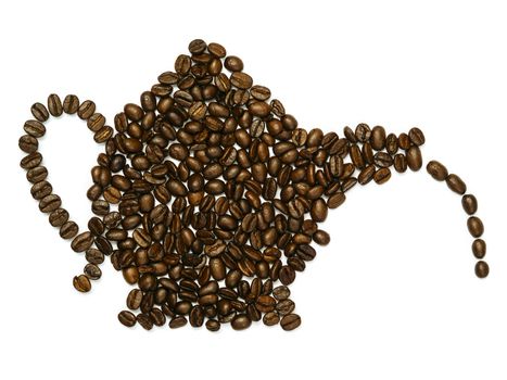 Photo of roasted coffee beans in the shape of a coffee pot.