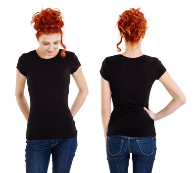 Photo of a beautiful redhead woman wearing a blank black shirt front and back.