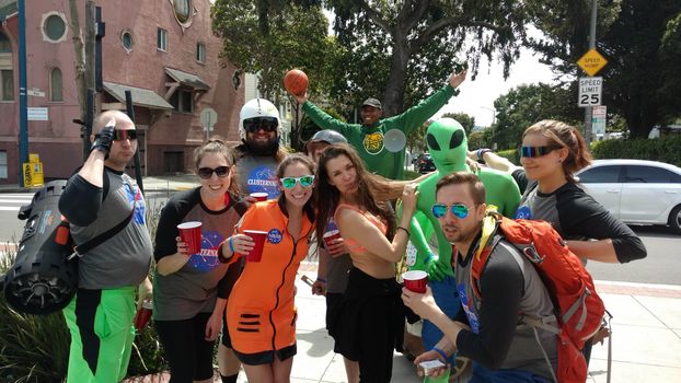 Alicia Arden the "Hoarding: Buried Alive" actress spends Easter-Eve at AT&T Park for the Giants/Rockies Game wearing an orange bikini with the price tage still attched, AT&T Park, San Francisco, CA 04-15-17