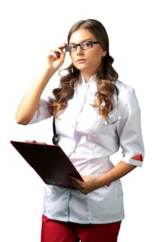 Female doctor in white coat isolated on white background