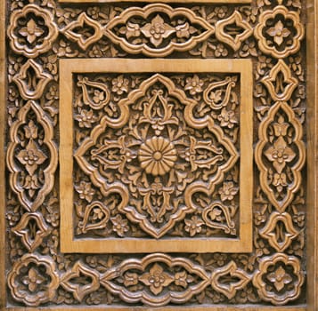 Close-up of a traditional carved wooden door, Uzbekistan