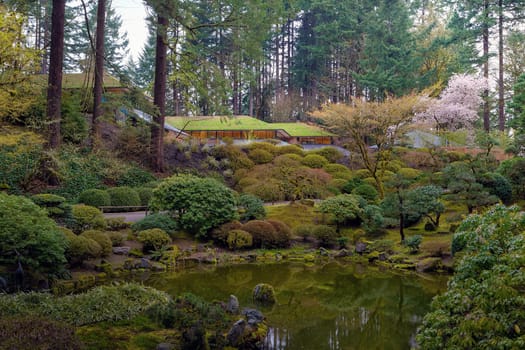 Portland Japanese Garden with reflection in the lake during Spring season