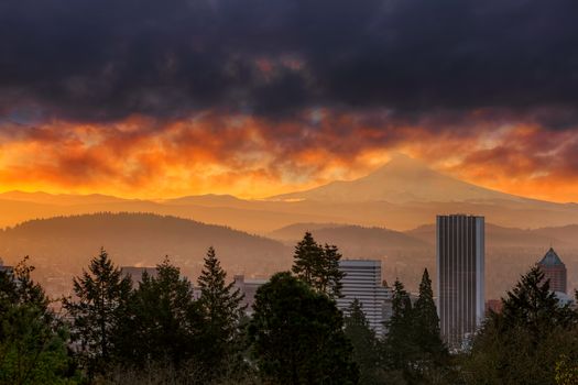 Sunrise over the city of downtown Portland Oregon and Mount Hood