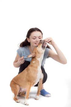 the young beautiful girl trains a dog