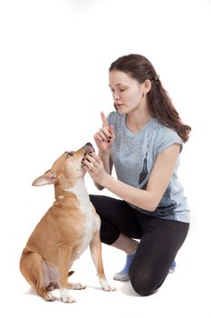 the young beautiful girl trains a dog