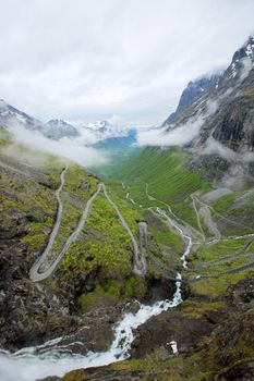 Famous Norwegian Troll's Path Trollstigen or Trollstigveien winding mountain road.