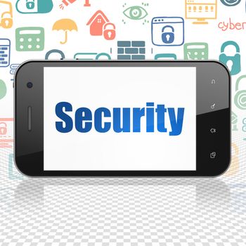 Security concept: Smartphone with  blue text Security on display,  Hand Drawn Security Icons background, 3D rendering