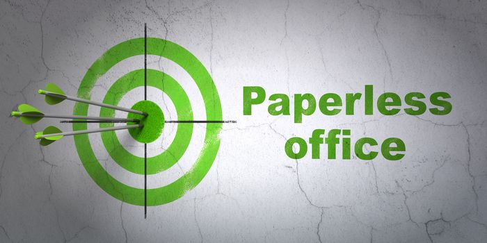 Success business concept: arrows hitting the center of target, Green Paperless Office on wall background, 3D rendering