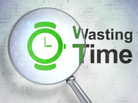 Time concept: magnifying optical glass with Hand Watch icon and Wasting Time word on digital background, 3D rendering