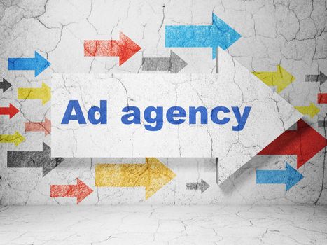 Advertising concept:  arrow with Ad Agency on grunge textured concrete wall background, 3D rendering