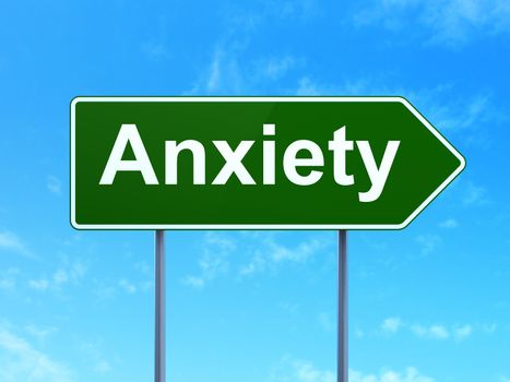 Health concept: Anxiety on green road highway sign, clear blue sky background, 3D rendering