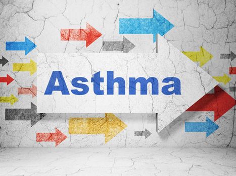 Health concept:  arrow with Asthma on grunge textured concrete wall background, 3D rendering