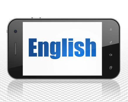 Education concept: Smartphone with blue text English on display, 3D rendering