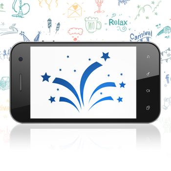 Holiday concept: Smartphone with  blue Fireworks icon on display,  Hand Drawn Holiday Icons background, 3D rendering