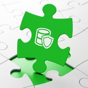 Database concept: Database With Shield on Green puzzle pieces background, 3D rendering