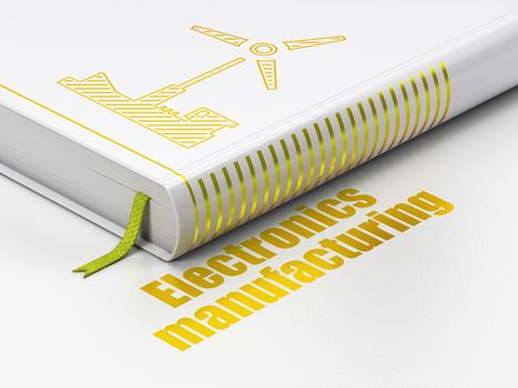 Industry concept: closed book with Gold Windmill icon and text Electronics Manufacturing on floor, white background, 3D rendering