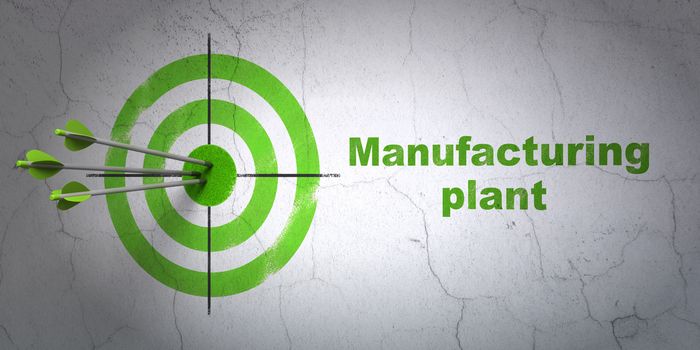 Success Industry concept: arrows hitting the center of target, Green Manufacturing Plant on wall background, 3D rendering