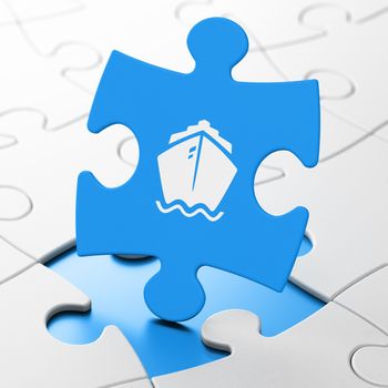 Tourism concept: Ship on Blue puzzle pieces background, 3D rendering