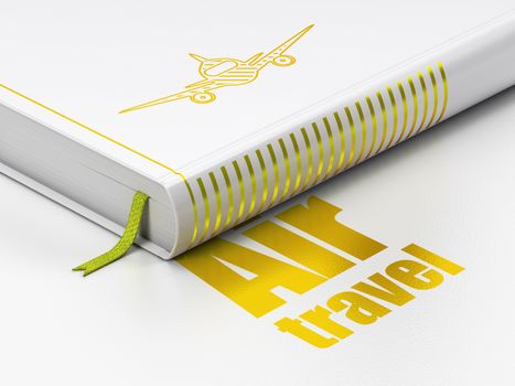 Travel concept: closed book with Gold Aircraft icon and text Air Travel on floor, white background, 3D rendering
