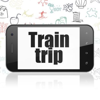 Travel concept: Smartphone with  black text Train Trip on display,  Hand Drawn Vacation Icons background, 3D rendering