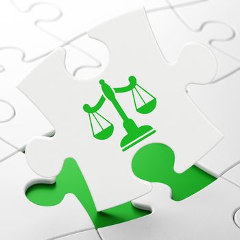 Law concept: Scales on White puzzle pieces background, 3D rendering