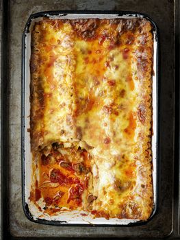 close up of rustic italian lasagna