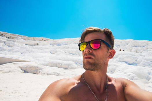 Portrait of man in Pammukale near modern Turkey city Denizli, Turkey