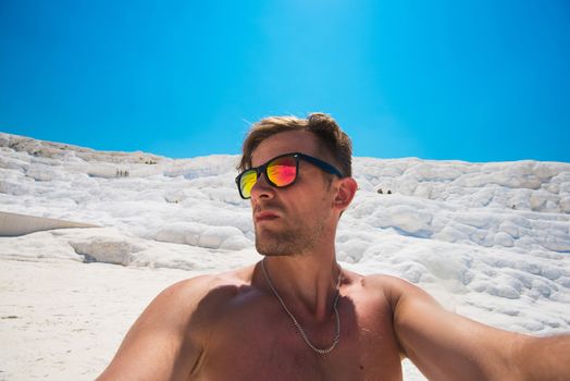 Portrait of man in Pammukale near modern Turkey city Denizli, Turkey