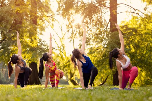 Four beautiful female friends doing yoga in the park. 