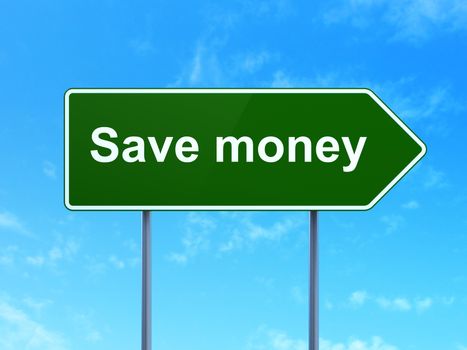 Banking concept: Save Money on green road highway sign, clear blue sky background, 3D rendering
