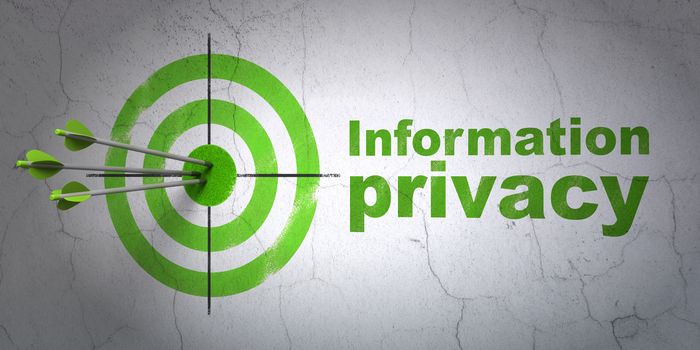Success privacy concept: arrows hitting the center of target, Green Information Privacy on wall background, 3D rendering