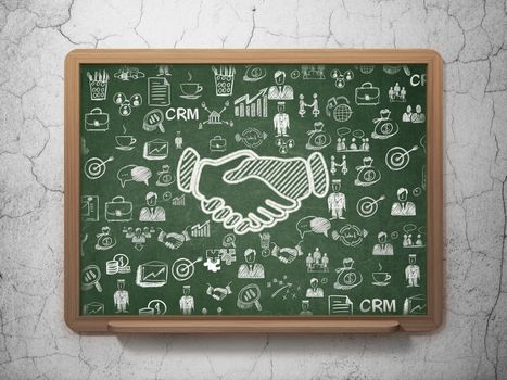 Finance concept: Chalk White Handshake icon on School board background with  Hand Drawn Business Icons, 3D Rendering