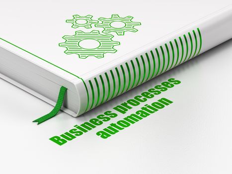 Finance concept: closed book with Green Gears icon and text Business Processes Automation on floor, white background, 3D rendering