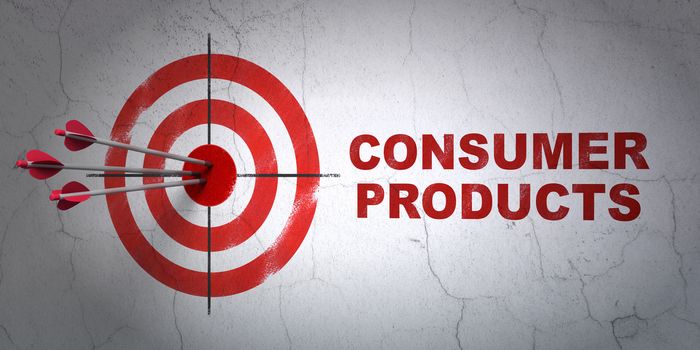 Success finance concept: arrows hitting the center of target, Red Consumer Products on wall background, 3D rendering