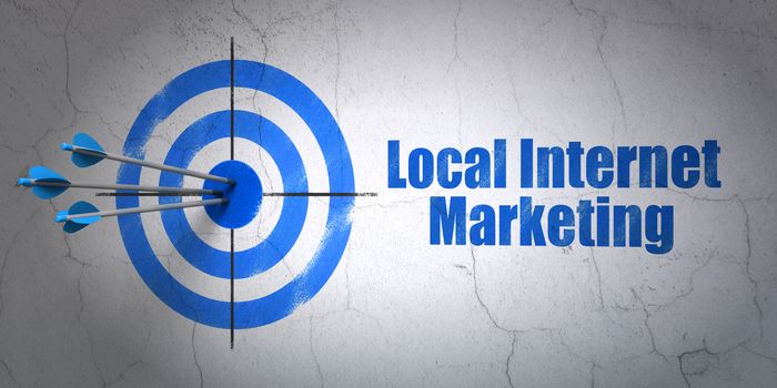 Success marketing concept: arrows hitting the center of target, Blue Local Internet Marketing on wall background, 3D rendering