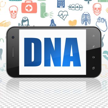 Healthcare concept: Smartphone with  blue text DNA on display,  Hand Drawn Medicine Icons background, 3D rendering