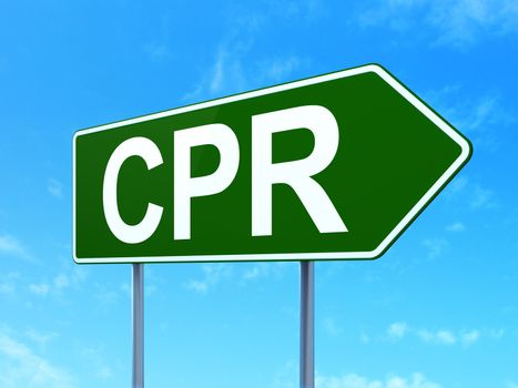 Healthcare concept: CPR on green road highway sign, clear blue sky background, 3D rendering